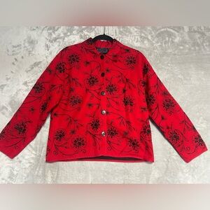 Life Style Linen Cotton Button Up Jacket Women’s Small Petite Red Black Floral